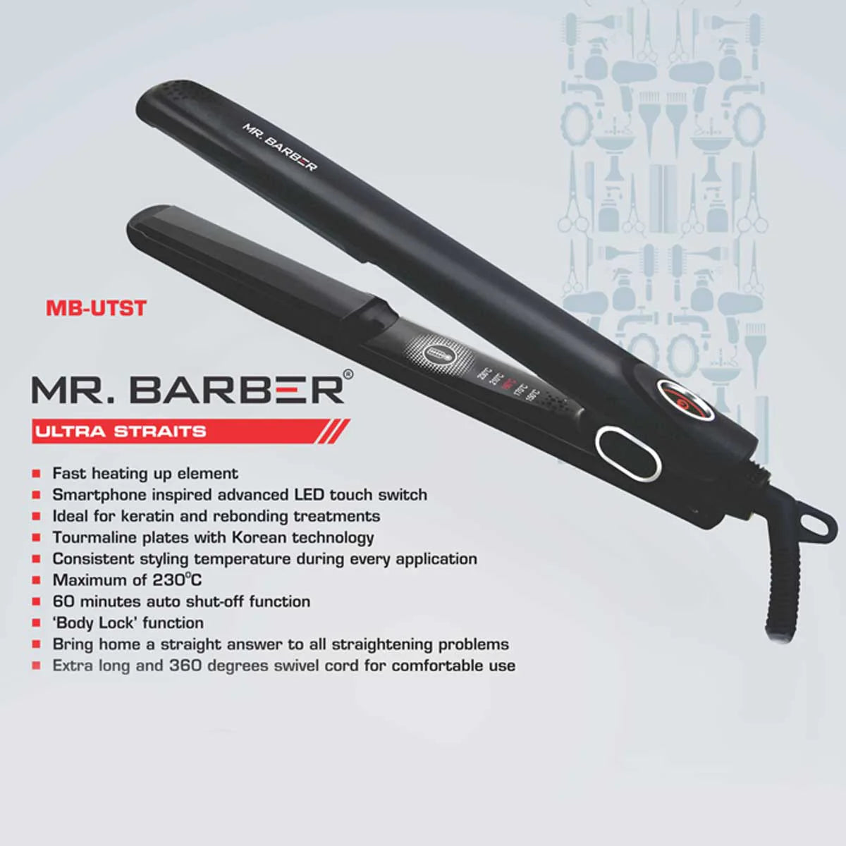 Mr Barber Ultra Straits, Tourmaline Ceramic Plates, Professional Hair Straightener - Black Flat Iron