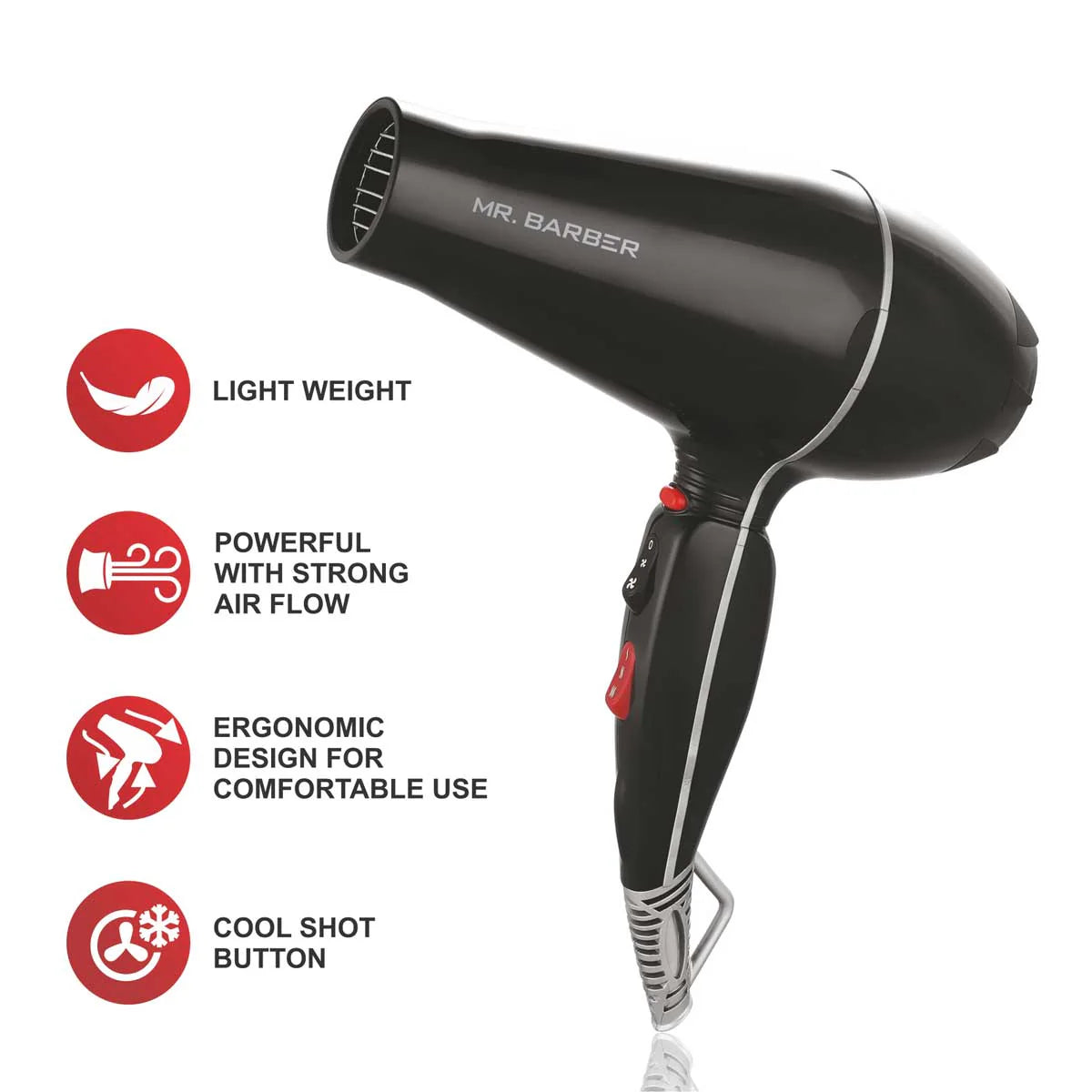 Mr. Barber Airmax Dryer with 2 Air Flow Detachable Nozzles Turbo Motor Powerful Professional Hair Dryer For Styling & Dressing 2400 Watts (Black)