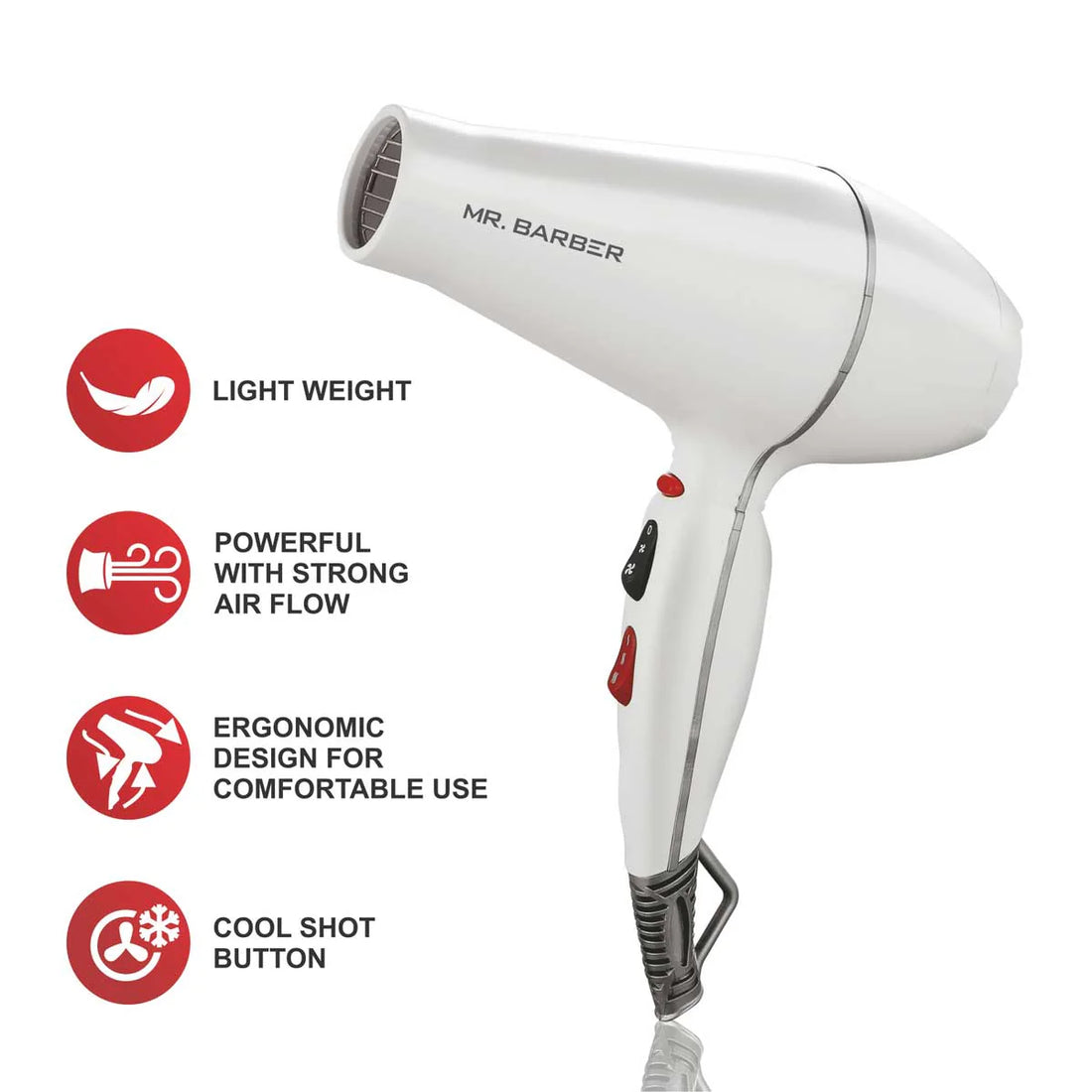 Mr. Barber MB-AMW Airmax with 2 Air Flow Detachable Nozzles Turbo Motor Powerful Professional Hair Dryer For Styling & Dressing 2400 Watts
