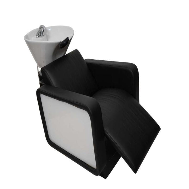 Delmore - Inox Electric Shampoo Station – Relaxed Design with Lumbar Support, Electric Footrest & Adjustable Ceramic Basin