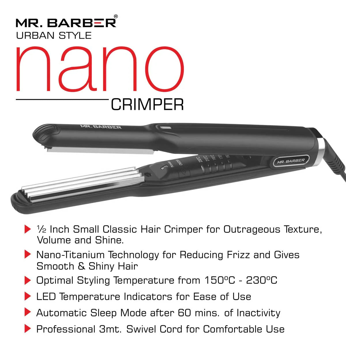 Mr. Barber Urban Style Nano Crimper - Nano Titanium Crimper - Black - Professional Crimper