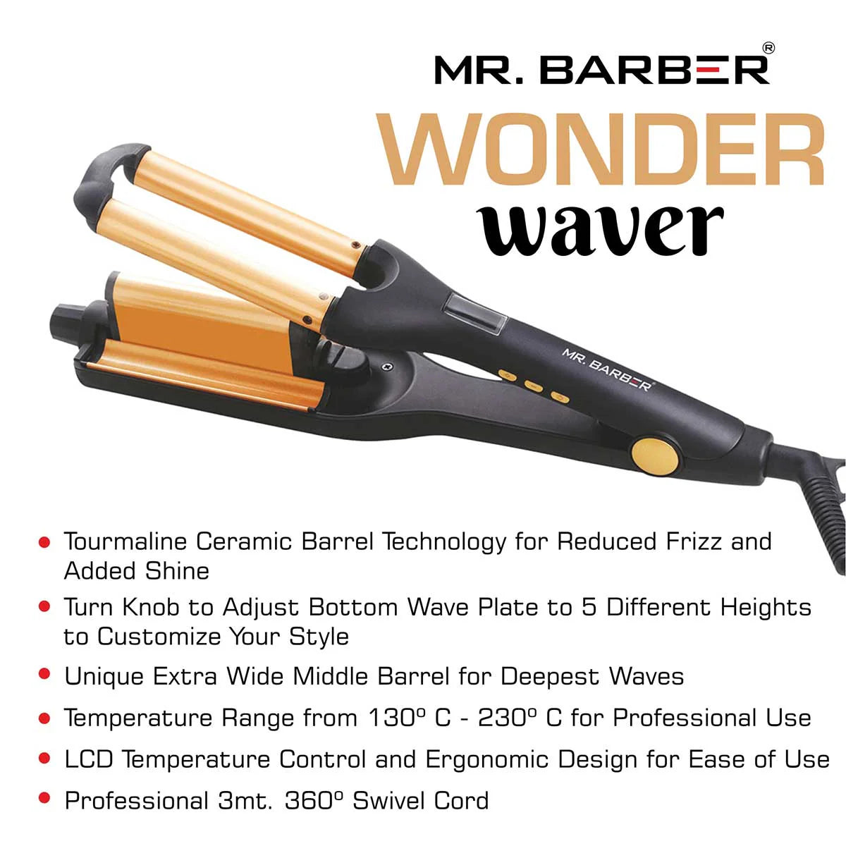 Mr. Barber Wonder Waver Hair Curling Tong with Adjustable Waver Barrel - Black - Tourmaline Technology