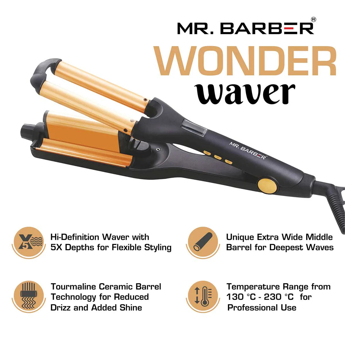 Mr. Barber Wonder Waver Hair Curling Tong with Adjustable Waver Barrel - Black - Tourmaline Technology