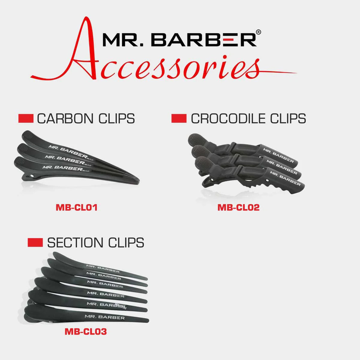 Mr. Barber Professional Carbon Clips - Black Pack of 6 Piece | Hair Clips for Hair Styling | Hairdressing Salon Hair Styling Clips