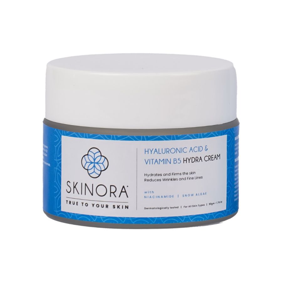 Skinora Hydra Cream| With Hyaluronic Acid & Vitamin B5| Contains Niacinamide| Hydrates, Moisturizes and Firms the Skin| Reduces Wrinkles & Fine Lines| For All Skin Types - 50gm