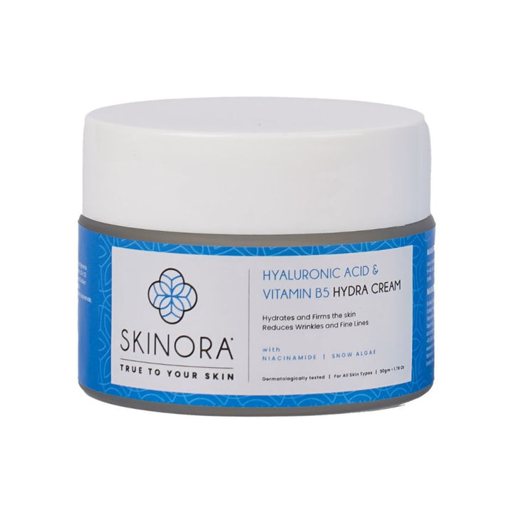 Skinora Hydra Cream| With Hyaluronic Acid & Vitamin B5| Contains Niacinamide| Hydrates, Moisturizes and Firms the Skin| Reduces Wrinkles & Fine Lines| For All Skin Types - 50gm