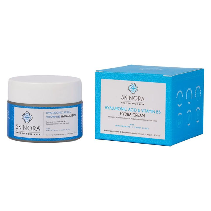 Skinora Hydra Cream| With Hyaluronic Acid & Vitamin B5| Contains Niacinamide| Hydrates, Moisturizes and Firms the Skin| Reduces Wrinkles & Fine Lines| For All Skin Types - 50gm