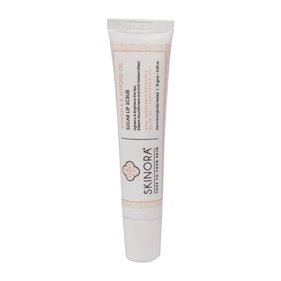 Skinora Vitamin E & Almond Oil Sugar Lip Scrub | For Instantly Brightened & Moisturized Lips| With Olive Oil, Sunflower Oil & Vegetable extracts| Vegan, Cruelty-free, and Dermatologically Tested - 10 gm