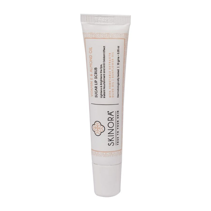 Skinora Vitamin E & Almond Oil Sugar Lip Scrub | For Instantly Brightened & Moisturized Lips| With Olive Oil, Sunflower Oil & Vegetable extracts| Vegan, Cruelty-free, and Dermatologically Tested - 10 gm