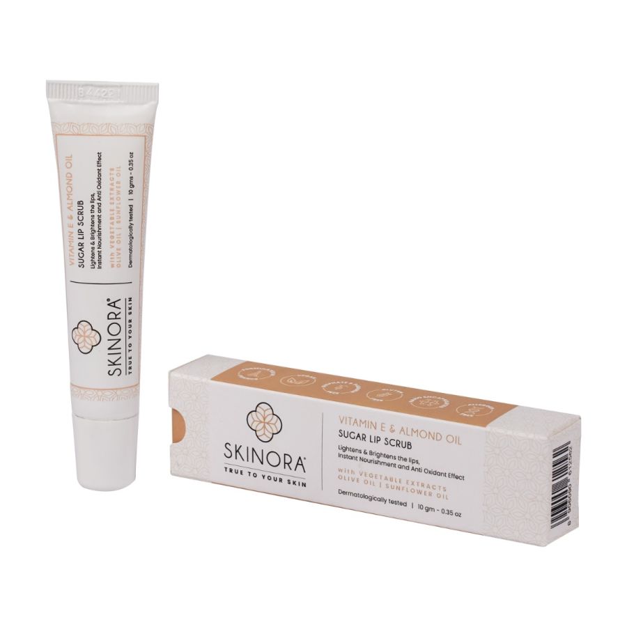 Skinora Vitamin E & Almond Oil Sugar Lip Scrub | For Instantly Brightened & Moisturized Lips| With Olive Oil, Sunflower Oil & Vegetable extracts| Vegan, Cruelty-free, and Dermatologically Tested - 10 gm