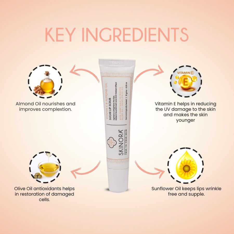 Skinora Vitamin E & Almond Oil Sugar Lip Scrub | For Instantly Brightened & Moisturized Lips| With Olive Oil, Sunflower Oil & Vegetable extracts| Vegan, Cruelty-free, and Dermatologically Tested - 10 gm