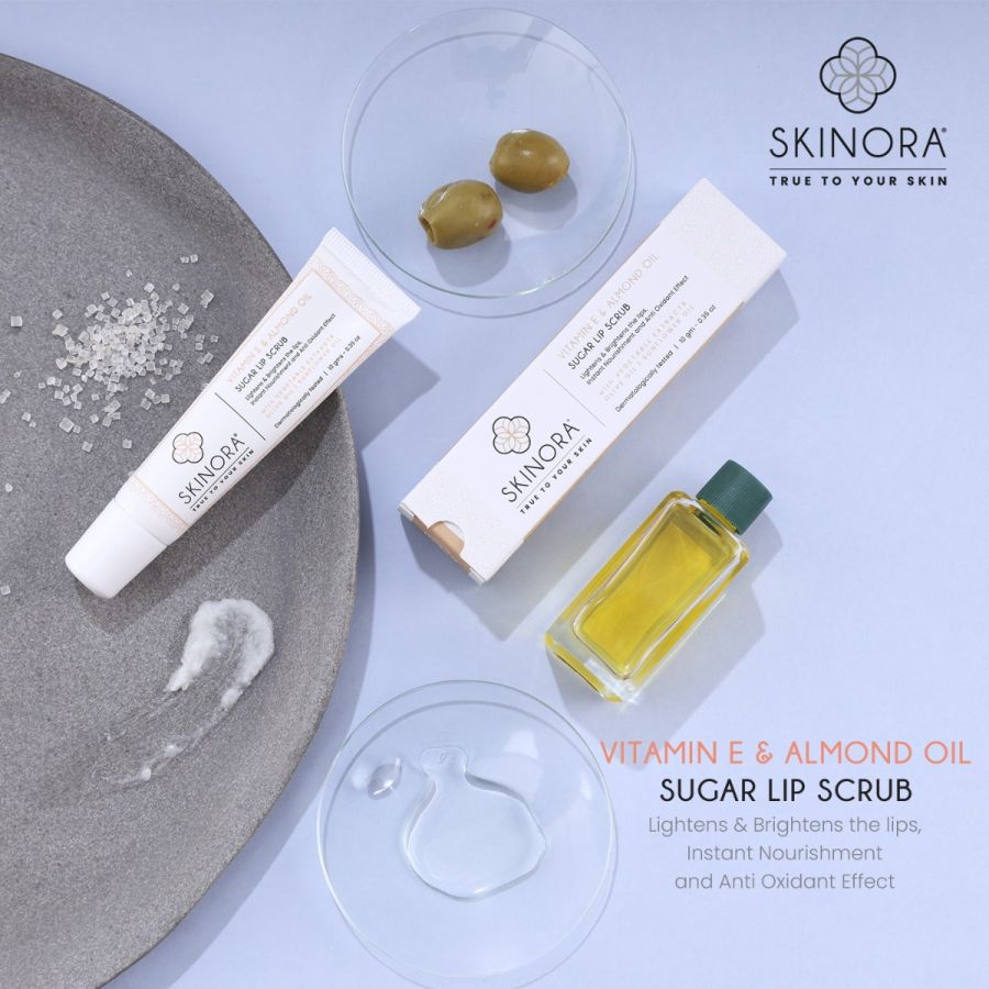 Skinora Vitamin E & Almond Oil Sugar Lip Scrub | For Instantly Brightened & Moisturized Lips| With Olive Oil, Sunflower Oil & Vegetable extracts| Vegan, Cruelty-free, and Dermatologically Tested - 10 gm