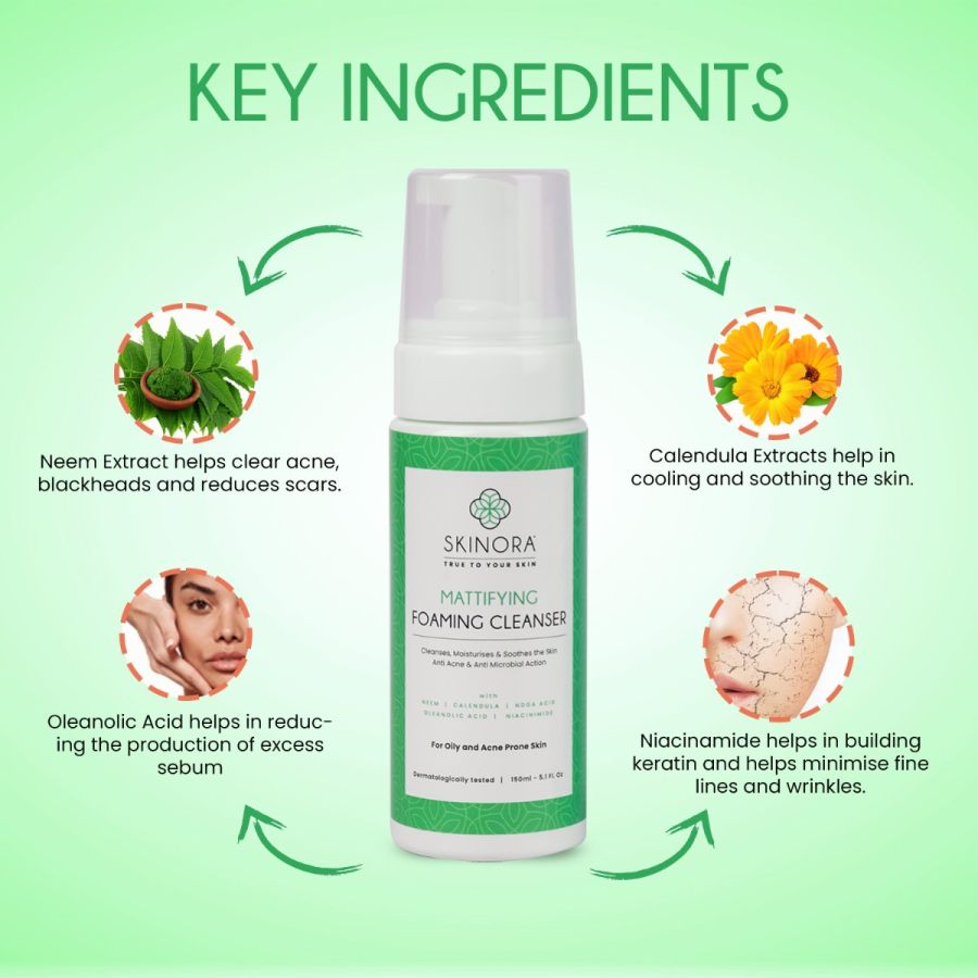 Skinora Mattifying Foaming Cleanser| With Niacinamide & Oleanolic Acid| For Oily & Acne Prone Skin| Anti-Acne & Anti-Microbial Action| Cleanses, Moisturizes & Soothes - 150 ml