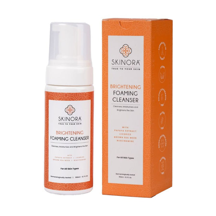 Skinora Brightening Foaming Cleanser| With Liquorice and Papaya Extracts| Contains Niacinamide| For All Skin Types| Cleanses, Moisturizes & Brightens| For Brightened and Even-toned Skin - 150 ml