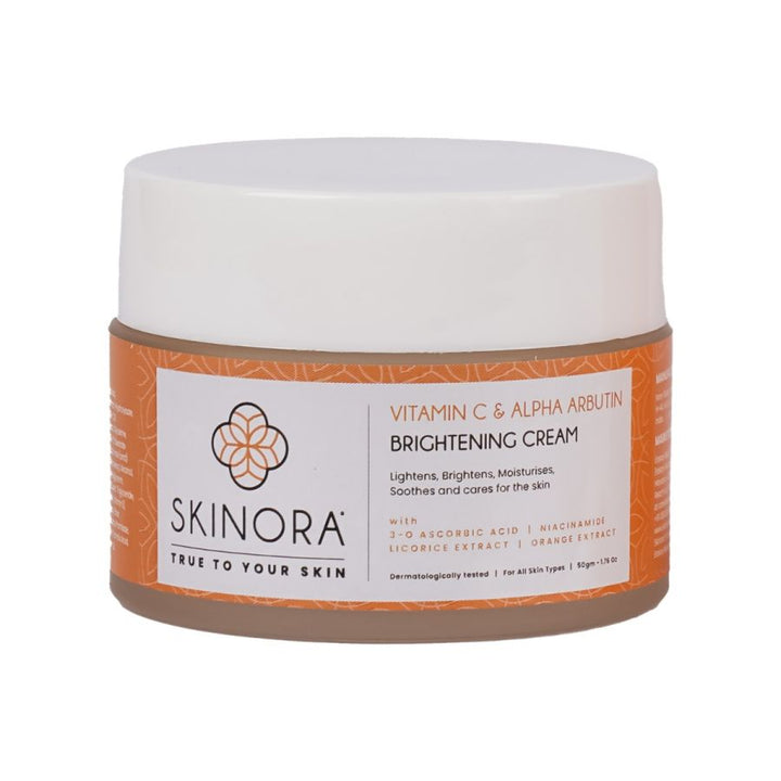 Skinora Brightening Cream| With Vitamin C & Alpha Arbutin| Contains Niacinamide | With Liquorice Extracts & Vitamin E| For All Skin Types| Lightens, Brightens, and Moisturizes| For Radiant and Even toned Skin - 50gm