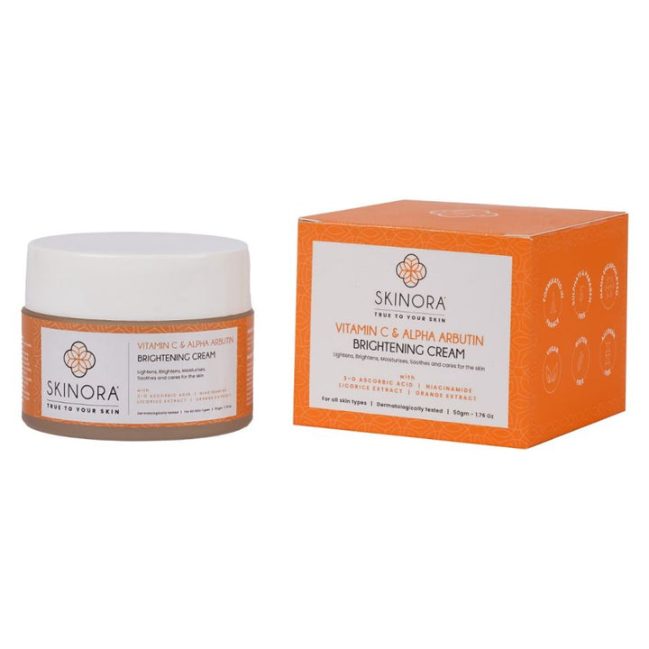 Skinora Brightening Cream| With Vitamin C & Alpha Arbutin| Contains Niacinamide | With Liquorice Extracts & Vitamin E| For All Skin Types| Lightens, Brightens, and Moisturizes| For Radiant and Even toned Skin - 50gm