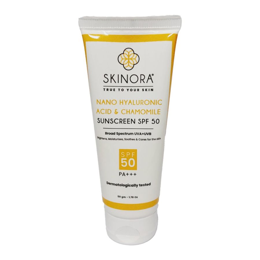 Skinora Nano Hyaluronic Acid & Chamomile Sunscreen SPF 50| Broad Spectrum, PA+++| UVA + UVB, Free Radical Protection| Brightening & Moisturizing| For All Skin Types|50 gm