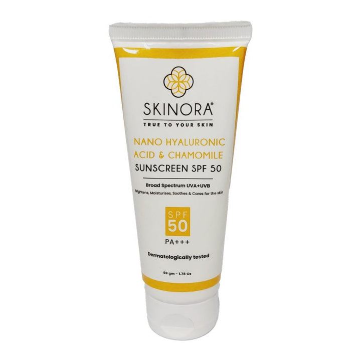 Skinora Nano Hyaluronic Acid & Chamomile Sunscreen SPF 50| Broad Spectrum, PA+++| UVA + UVB, Free Radical Protection| Brightening & Moisturizing| For All Skin Types|50 gm