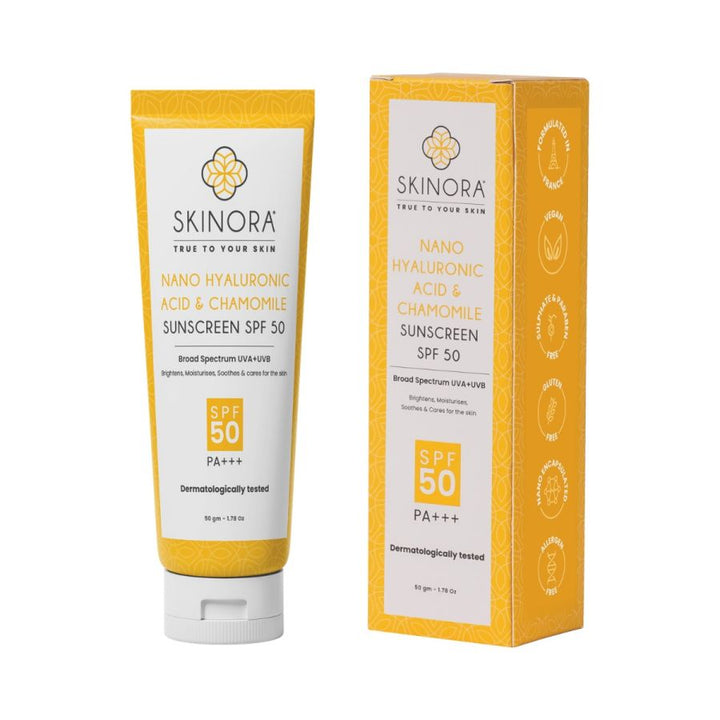 Skinora Nano Hyaluronic Acid & Chamomile Sunscreen SPF 50| Broad Spectrum, PA+++| UVA + UVB, Free Radical Protection| Brightening & Moisturizing| For All Skin Types|50 gm