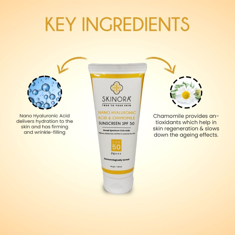 Skinora Nano Hyaluronic Acid & Chamomile Sunscreen SPF 50| Broad Spectrum, PA+++| UVA + UVB, Free Radical Protection| Brightening & Moisturizing| For All Skin Types|50 gm