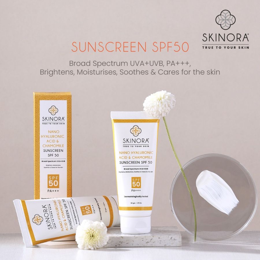Skinora Nano Hyaluronic Acid & Chamomile Sunscreen SPF 50| Broad Spectrum, PA+++| UVA + UVB, Free Radical Protection| Brightening & Moisturizing| For All Skin Types|50 gm