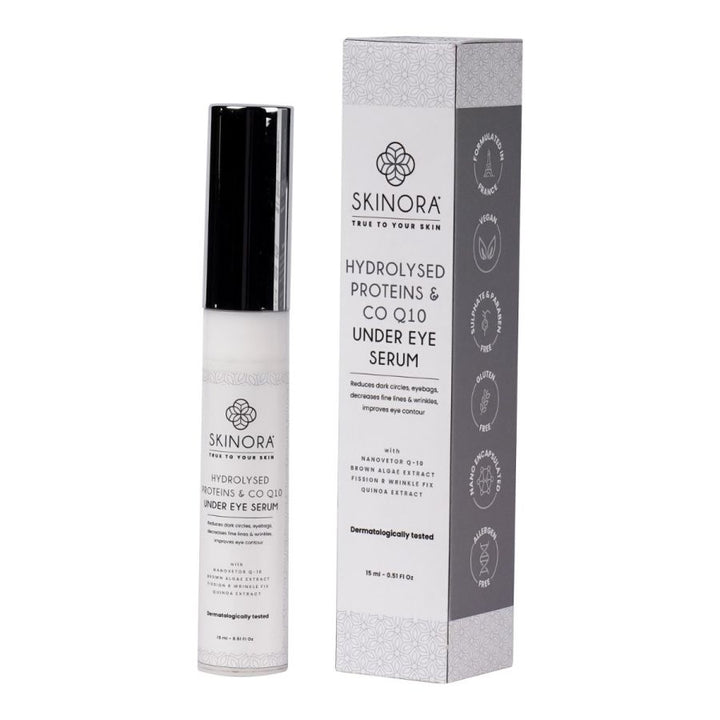 Skinora Hydrolysed Proteins & CO Q10 Under Eye Serum| With Nanovetor Q-10|For Ageless eyes| Removes Dark Circles| Erases Crow’s feet| Remedies Puffiness| For All Skin Types|15ml